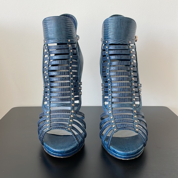 Like New Sergio Rossi Limited Edition Blue Lizard Caged Pumps With Studs Size 38 - Picture 5 of 15